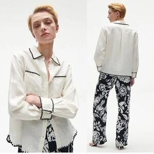 NEW Figue Prudence Button Down Blanket Stitch Long-Sleeve Top White Size: 8